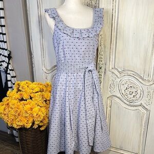 1901 Ruffled Blue and White Mini Stripe and Dot Crisp Summer Dress